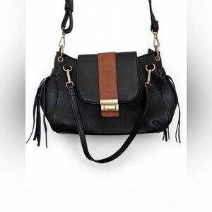 NWOT Women's‎ Boutique Black Leather Fringe Crossbody Handbag Medium Sized